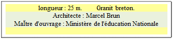 Zone de Texte: longueur : 25 m.        Granit breton.
Architecte : Marcel Brun 
MaÏtre d'ouvrage : Ministère de l'éducation Nationale 

