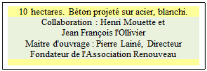 Zone de Texte: 10 hectares.  Bton projet sur acier, blanchi.
Collaboration : Henri Mouette et                            Jean Franois l'Ollivier 
Maitre d'ouvrage : Pierre Lain, Directeur Fondateur de l'Association Renouveau  

