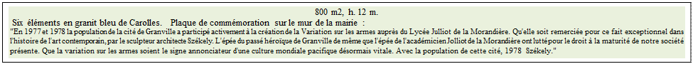 Zone de Texte: 800 m2, h. 12 m. 
 Six lments en granit bleu de Carolles.   Plaque de commmoration sur le mur de la mairie :
"En 1977 et 1978 la population de la cit de Granville a particip activement  la cration de la Variation sur les armes auprs du Lyce Julliot de la Morandire. Qu'elle soit remercie pour ce fait exceptionnel dans l'histoire de l'art contemporain, par le sculpteur architecte Szkely. L'pe du pass hroque de Granville de mme que l'pe de l'acadmicien Jolliot de la Morandire ont lutt pour le droit  la maturit de notre socit prsente. Que la variation sur les armes soient le signe annonciateur d'une culture mondiale pacifique dsormais vitale. Avec la population de cette cit, 1978  Szkely." 
