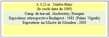 Zone de Texte: h. 0,23 m   Marbre Blanc
(le socle date de 1990)
Camp de travail, Jszberny, Hongrie
Exposition rtrospective Budapest - 1983 (Palais Vigad)
Exposition au Muse de Meudon - 2000



