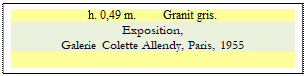 Zone de Texte: h. 0,49 m.         Granit gris.
Exposition,
Galerie Colette Allendy, Paris, 1955

