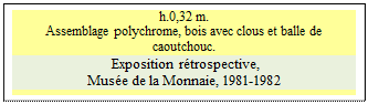 Zone de Texte: h.0,32 m.
Assemblage polychrome, bois avec clous et balle de caoutchouc.
 Exposition rtrospective, 
Muse de la Monnaie, 1981-1982 

