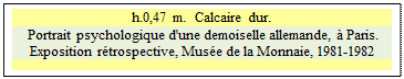 Zone de Texte: h.0,47 m.  Calcaire dur.
 Portrait psychologique d'une demoiselle allemande, &agrave; Paris.
Exposition r&eacute;trospective, Mus&eacute;e de la Monnaie, 1981-1982


