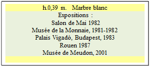 Zone de Texte: h.0,39 m.   Marbre blanc
 Expositions : 
 Salon de Mai 1982
Muse de la Monnaie, 1981-1982  
Palais Vigad, Budapest, 1983 
Rouen 1987 
Muse de Meudon, 2001

