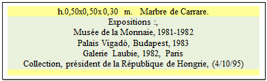 Zone de Texte: h.0,50x0,50x0,30 m.   Marbre de Carrare.
Expositions :, 
Mus�e de la Monnaie, 1981-1982  
Palais Vigad�, Budapest, 1983  
Galerie Laubie, 1982, Paris 
Collection, pr�sident de la R�publique de Hongrie, (4/10/95) 


