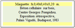 Zone de Texte: Maquette : h.0,40x0,40x0,20 m. 
B�ton cellulaire sur bois, 
Centre Georges Pompidou.
Exposition r�trospective, 
Palais Vigad�, Budapest, 1983

