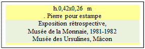 Zone de Texte: h.0,42x0,26 m
. Pierre pour estampe
Exposition r�trospective, 
Mus�e de la Monnaie, 1981-1982 
Mus�e des Ursulines, M�con



