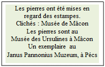 Zone de Texte: Les pierres ont �t� mises en regard des estampes.
Clich�s : Mus�e de M�con 
Les pierres sont au 
Mus�e des Ursulines � M�con
Un exemplaire au 
Janus Pannonius Muzeum, � P�cs
