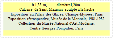Zone de Texte: h.1,38 m,         diam�tre1,20m. 
 Calcaire de Saint Maximin sculpt� � la hache
 Exposition au Palais des Glaces, Champs-�lys�es, Paris  
Exposition r�trospective, Mus�e de la Monnaie, 1981-1982              
Collection du Mus�e National d'Art Moderne, 
Centre Georges Pompidou, Paris

