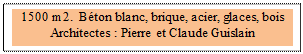Zone de Texte: 1500 m2.  B�ton blanc, brique, acier, glaces, bois
Architectes : Pierre et Claude Guislain
