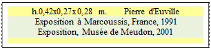 Zone de Texte: h.0,42x0,27x0,28 m.       Pierre d'Euville
 Exposition � Marcoussis, France, 1991 
Exposition, Mus�e de Meudon, 2001


