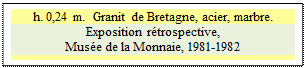 Zone de Texte: h. 0,24 m.  Granit de Bretagne, acier, marbre.
Exposition rtrospective, 
Muse de la Monnaie, 1981-1982


