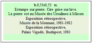 Zone de Texte: h.0,53x0,53 m.   
Estampe sur pierre. Cire grise sur lave.
La pierre est au Musée des Ursulines à Mâcon
Exposition rétrospective, 
Musée de la Monnaie, 1981-1982  
Exposition rétrospective, 
Palais Vigadó, Budapest, 1983

