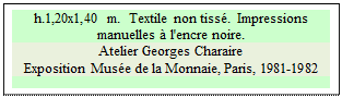 Zone de Texte: h.1,20x1,40 m.  Textile non tiss.  Impressions manuelles  l'encre noire.
Atelier Georges Charaire
Exposition Muse de la Monnaie, Paris, 1981-1982


