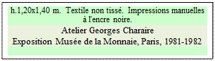 Zone de Texte: h.1,20x1,40 m.  Textile non tiss�.  Impressions manuelles � l'encre noire.
Atelier Georges Charaire
Exposition Mus�e de la Monnaie, Paris, 1981-1982


