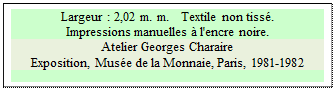 Zone de Texte: Largeur : 2,02 m. m.   Textile non tiss.  
Impressions manuelles  l'encre noire.
Atelier Georges Charaire
Exposition, Muse de la Monnaie, Paris, 1981-1982

