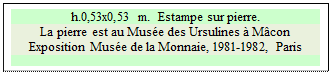 Zone de Texte: h.0,53x0,53 m.  Estampe sur pierre.
La pierre est au Musée des Ursulines à Mâcon
Exposition Musée de la Monnaie, 1981-1982, Paris  

