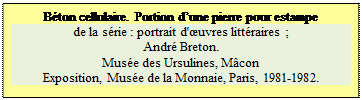 Zone de Texte: B�ton cellulaire. Portion d�une pierre pour estampe
de la s�rie : portrait d'�uvres litt�raires ; 
Andr� Breton.
Mus�e des Ursulines, M�con
Exposition, Mus�e de la Monnaie, Paris, 1981-1982.

