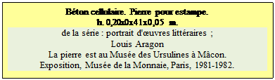 Zone de Texte: Bton cellulaire. Pierre pour estampe. 
h. 0,20x0x41x0,05 m.
de la srie : portrait d'uvres littraires ; 
Louis Aragon
La pierre est au Muse des Ursulines  Mcon.
Exposition, Muse de la Monnaie, Paris, 1981-1982.


