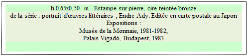 Zone de Texte: h.0,65x0,50 m.  Estampe sur pierre, cire teinte bronze
de la srie : portrait d'uvres littraires ; Endre Ady. Edite en carte postale au Japon 
Expositions : 
Muse de la Monnaie, 1981-1982, 
Palais Vigad, Budapest, 1983 

