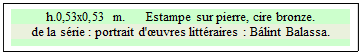 Zone de Texte: h.0,53x0,53 m.      Estampe sur pierre, cire bronze.
de la srie : portrait d'uvres littraires : Blint Balassa.


