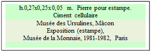 Zone de Texte: h.0,27x0,25x0,05 m.  Pierre pour estampe.
Ciment cellulaire
Muse des Ursulines, Mcon
Exposition (estampe), 
Muse de la Monnaie, 1981-1982, Paris

