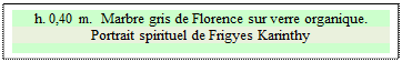 Zone de Texte: h. 0,40 m.  Marbre gris de Florence sur verre organique.
Portrait spirituel de Frigyes Karinthy



