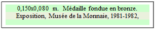 Zone de Texte: 0,150x0,080 m.  Mdaille fondue en bronze.
Exposition, Muse de la Monnaie, 1981-1982, 




