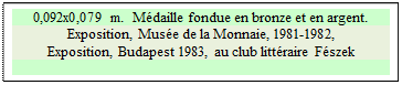 Zone de Texte: 0,092x0,079 m.  Mdaille fondue en bronze et en argent.
Exposition, Muse de la Monnaie, 1981-1982, 
Exposition, Budapest 1983, au club littraire Fszek

