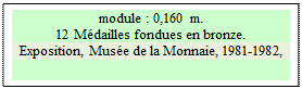 Zone de Texte: module : 0,160 m.  
12 Mdailles fondues en bronze.
Exposition, Muse de la Monnaie, 1981-1982, 

