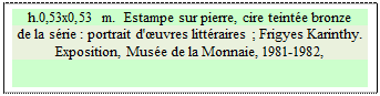 Zone de Texte: h.0,53x0,53 m.  Estampe sur pierre, cire teinte bronze
de la srie : portrait d'uvres littraires ; Frigyes Karinthy.
Exposition, Muse de la Monnaie, 1981-1982, 

