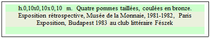 Zone de Texte: h.0,10x0,10x0,10 m.  Quatre pommes tailles, coules en bronze. 
Exposition rtrospective, Muse de la Monnaie, 1981-1982, Paris
Exposition, Budapest 1983 au club littraire Fszek

