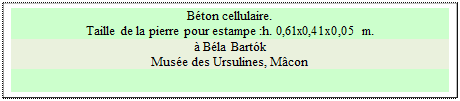 Zone de Texte: B�ton cellulaire. 
Taille de la pierre pour estampe :h. 0,61x0,41x0,05 m.
� B�la Bart�k
Mus�e des Ursulines, M�con

