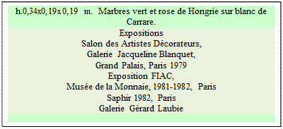 Zone de Texte: h.0,34x0,19x0,19 m.  Marbres vert et rose de Hongrie sur blanc de Carrare.
Expositions 
Salon des Artistes Dcorateurs, 
Galerie Jacqueline Blanquet, 
Grand Palais, Paris 1979 
Exposition FIAC, 
Muse de la Monnaie, 1981-1982, Paris  
Saphir 1982, Paris  
Galerie Grard Laubie 
 
