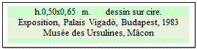 Zone de Texte: h.0,50x0,65 m.      dessin sur cire.  
Exposition, Palais Vigadó, Budapest, 1983  Musée des Ursulines, Mâcon

