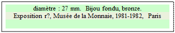 Zone de Texte: diamtre : 27 mm.  Bijou fondu, bronze. 
Exposition r?, Muse de la Monnaie, 1981-1982, Paris

