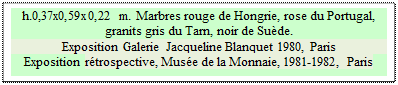 Zone de Texte: h.0,37x0,59x0,22 m. Marbres rouge de Hongrie, rose du Portugal, granits gris du Tarn, noir de Suède.
Exposition Galerie Jacqueline Blanquet 1980, Paris  
Exposition rétrospective, Musée de la Monnaie, 1981-1982, Paris

