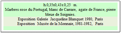 Zone de Texte: h.0,35x0,43x0,25 m. 
Marbres rose du Portugal, blanc de Carrare, agate de France, pierre bleue de Soignies. 
Exposition Galerie Jacqueline Blanquet 1980, Paris  
Exposition  Muse de la Monnaie, 1981-1982, Paris  


