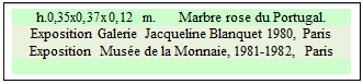 Zone de Texte: h.0,35x0,37x0,12 m.      Marbre rose du Portugal. 
Exposition Galerie Jacqueline Blanquet 1980, Paris  
Exposition  Muse de la Monnaie, 1981-1982, Paris  

