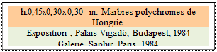 Zone de Texte: h.0,45x0,30x0,30 m. Marbres polychromes de Hongrie.
Exposition , Palais Vigad, Budapest, 1984
Galerie Saphir, Paris, 1984

