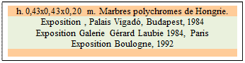 Zone de Texte: h. 0,43x0,43x0,20 m. Marbres polychromes de Hongrie.
Exposition , Palais Vigad, Budapest, 1984
Exposition Galerie Grard Laubie 1984, Paris
Exposition Boulogne, 1992

