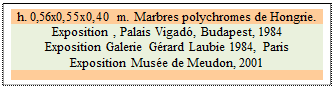 Zone de Texte: h. 0,56x0,55x0,40 m. Marbres polychromes de Hongrie.
Exposition , Palais Vigad, Budapest, 1984
Exposition Galerie Grard Laubie 1984, Paris
Exposition Muse de Meudon, 2001

