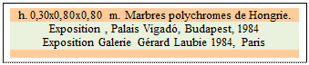 Zone de Texte: h. 0,30x0,80x0,80 m. Marbres polychromes de Hongrie.
Exposition , Palais Vigad, Budapest, 1984
Exposition Galerie Grard Laubie 1984, Paris

