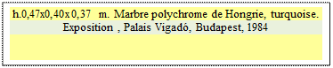 Zone de Texte: h.0,47x0,40x0,37 m. Marbre polychrome de Hongrie, turquoise.
Exposition , Palais Vigad�, Budapest, 1984
 
