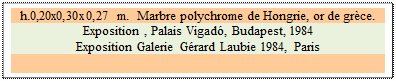 Zone de Texte: h.0,20x0,30x0,27 m.  Marbre polychrome de Hongrie, or de gr�ce. 
Exposition , Palais Vigad�, Budapest, 1984
Exposition Galerie G�rard Laubie 1984, Paris

