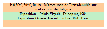 Zone de Texte: h.0,80x0,50x0,50 m.  Marbre rose de Transdanubie sur 
marbre noir de Bulgarie. 
Exposition , Palais Vigad�, Budapest, 1984
Exposition Galerie G�rard Laubie 1984, Paris

