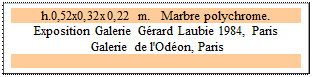 Zone de Texte: h.0,52x0,32x0,22 m.   Marbre polychrome. 
Exposition Galerie G�rard Laubie 1984, Paris 
 Galerie de l'Od�on, Paris

