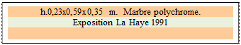 Zone de Texte: h.0,23x0,59x0,35 m.  Marbre polychrome. 
Exposition La Haye 1991

