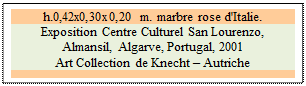 Zone de Texte: h.0,42x0,30x0,20 m. marbre rose d'Italie. 
Exposition Centre Culturel San Lourenzo, Almansil, Algarve, Portugal, 2001
Art Collection de Knecht  Autriche

