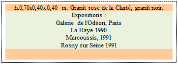 Zone de Texte: h.0,70x0,40x0,40 m. Granit rose de la Clart, granit noir. 
Expositions :
Galerie de l'Odon, Paris 
La Haye 1990 
Marcoussis, 1991 
Rosny sur Seine 1991 

